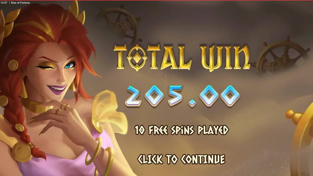 Tampilan visual Dewi Fortuna dan roda keberuntungan dalam slot Rise of Fortuna