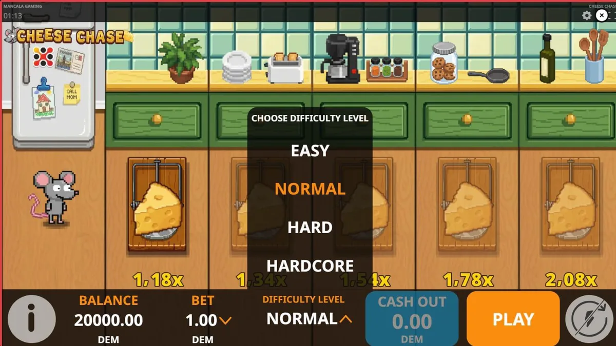 Tampilan visual retro 8-bit dari game slot Cheese Chase dengan karakter tikus dan perangkap keju.