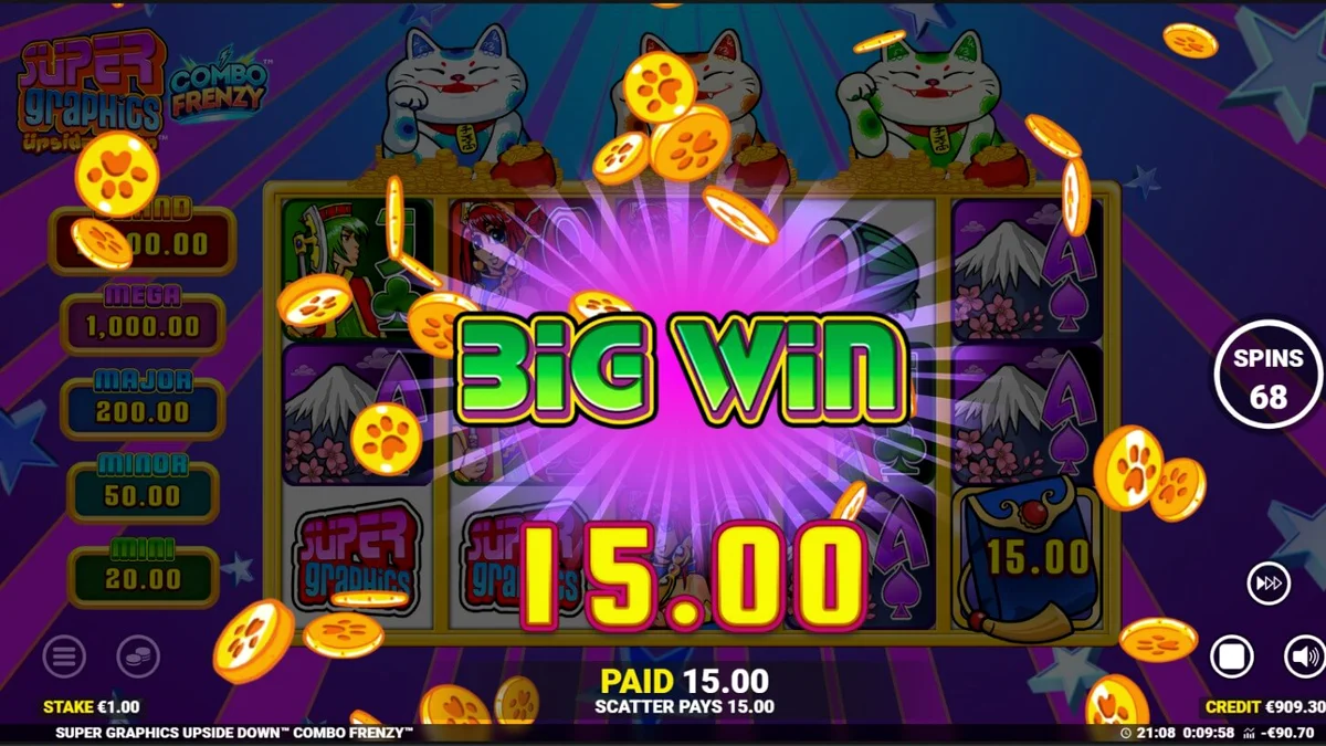 Tampilan visual slot Super Graphics Upside Down dengan tema anime dan kucing keberuntungan